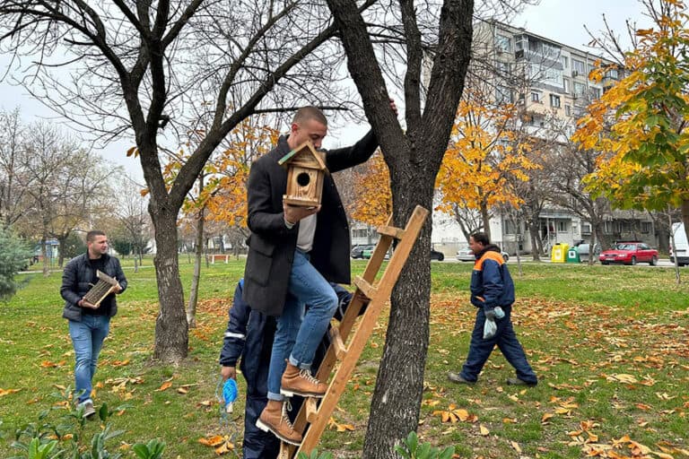 Деца от ДГ "Елица" поставиха къщички за птици в парк "Ружа"